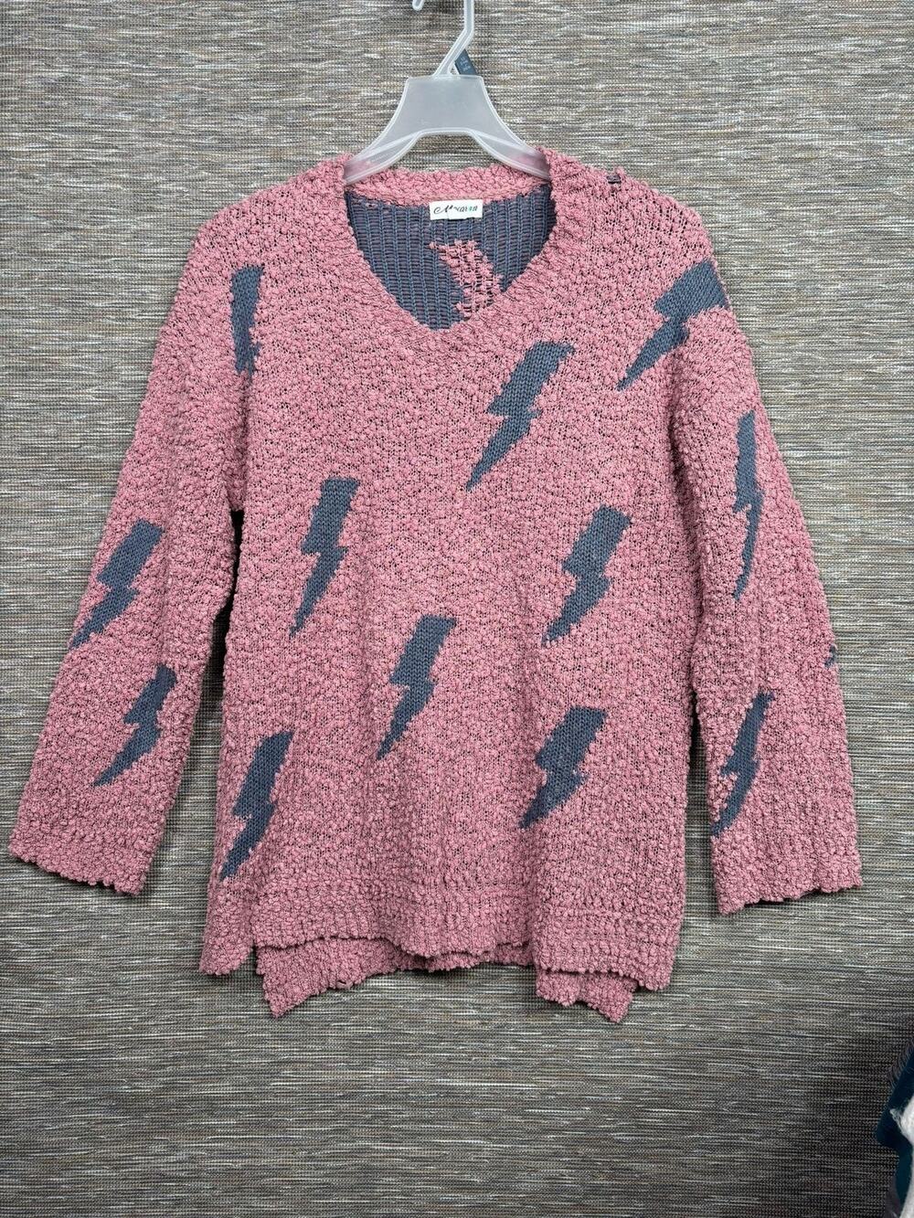 Macaron Sweater Womens Medium Pink Lightning Bolt V Neck Textured Knit Pullover